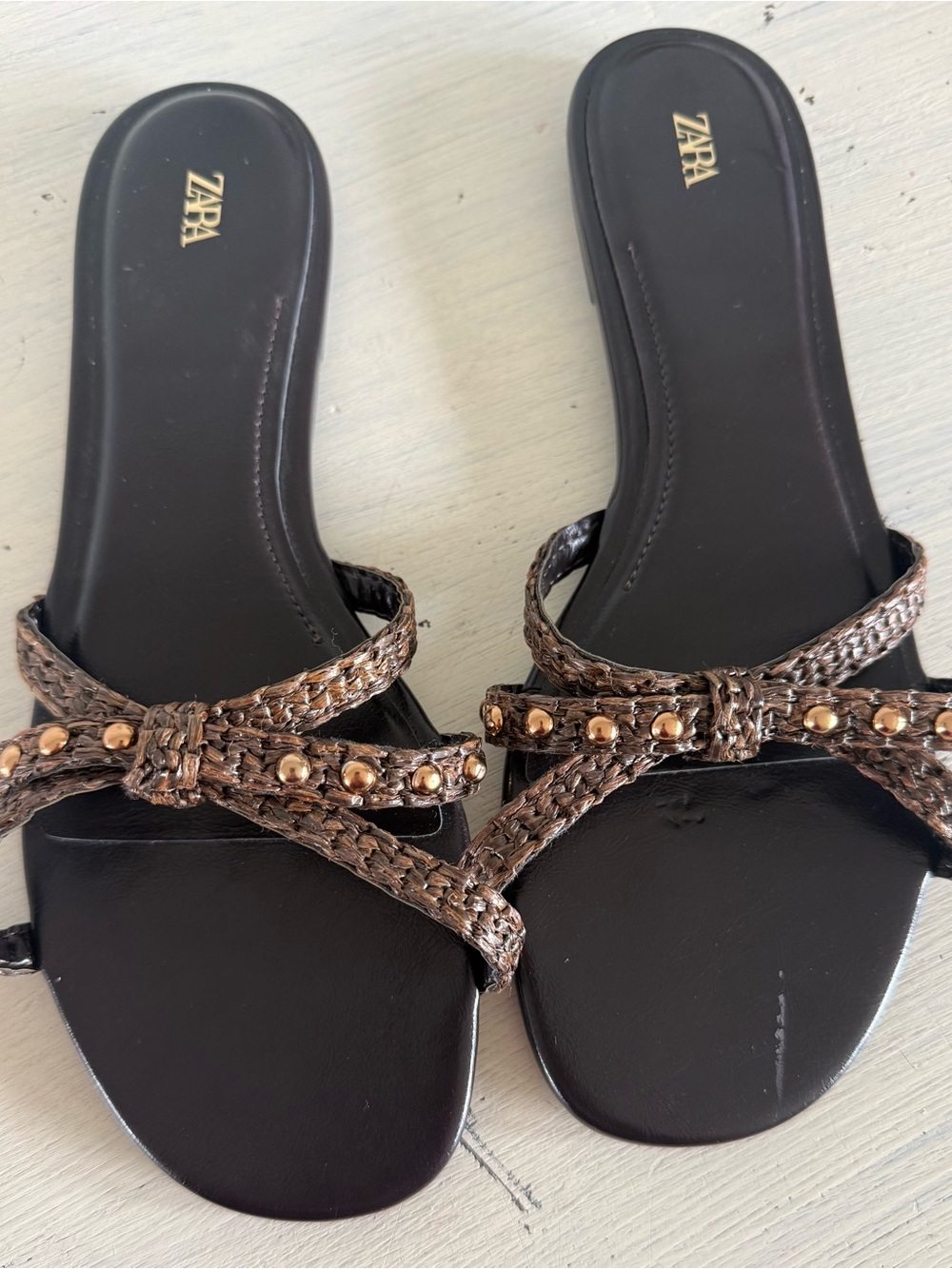 Zara Black Footbed Sandals with Brown Braided Straps and Gold Studs